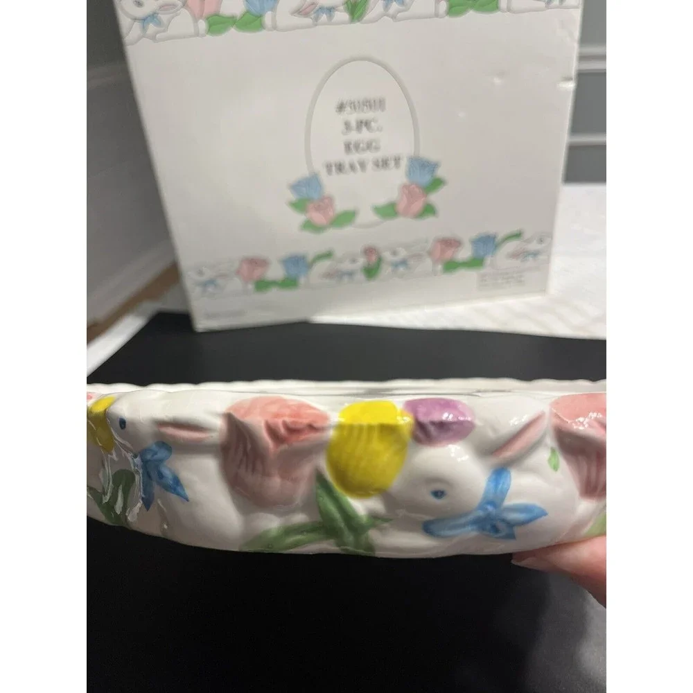 Ceramic Easter Egg Plate with Bunny Rabbit Salt n Pepper Shakers IOB